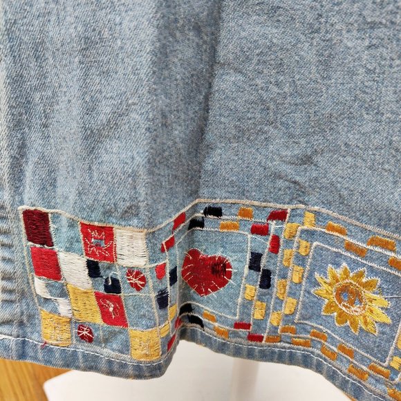 Vintage 1990s Celestial Heart Jumper Dress Chambray Applique Folk Art Grunge 8 - Picture 9 of 13